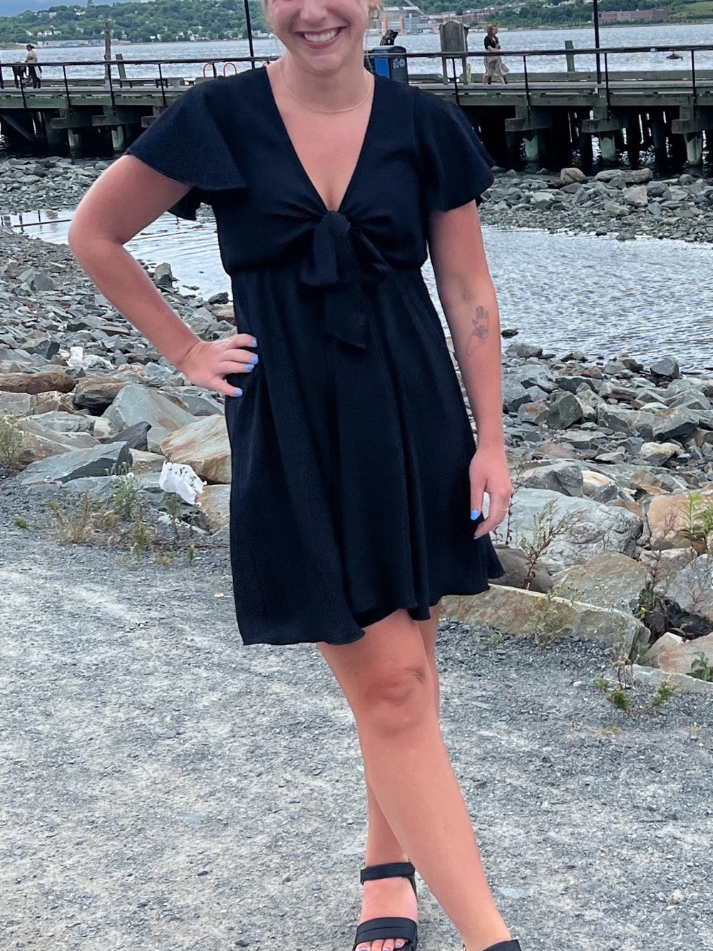 Black Tie-Front Short Sleeve Dress